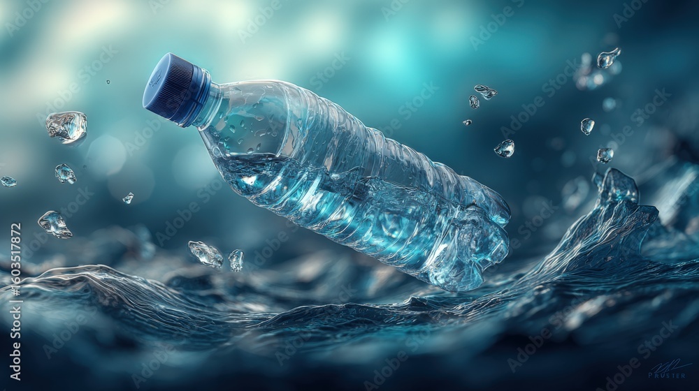 Poster transparent plastic water bottle floating and sinking in water with splashes and bubbles in a dynami