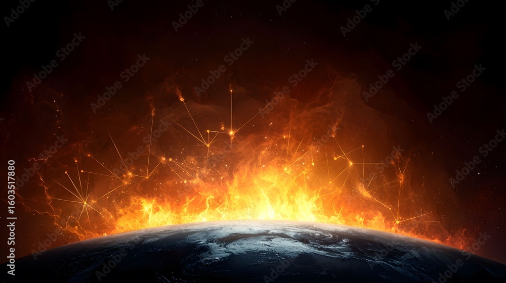 Poster the image depicts the planet earth partially visible, with intense flames and network-like structure