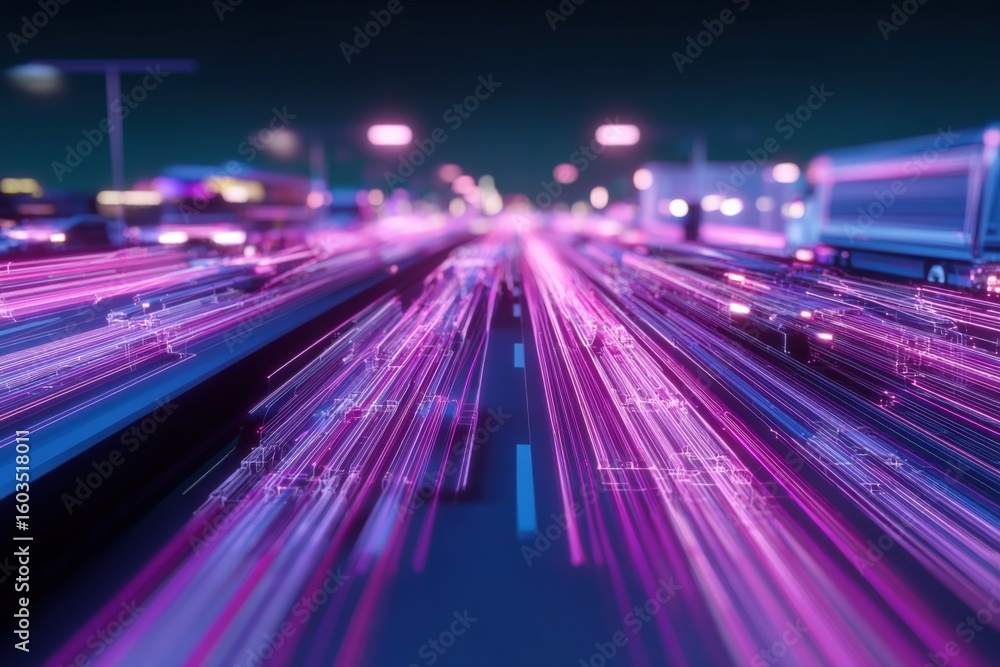 Poster futuristic neon light trails creating a dynamic vibrant glowing highway scene with motion blur effec