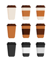 Set of white, brown, black takeaway cups with lids and sleeves. Disposable cups for hot drinks like coffee or tea. Beverage packaging. Flat vector illustration isolated on white background 

