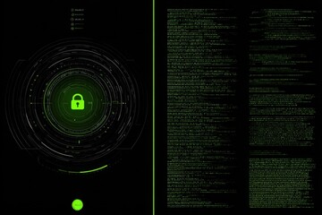 Digital Security Concept with Green Lock Icon on Circuit Background and Coding Screen for Cybersecurity and Data Protection Illustration