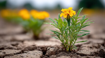 Bright yellow wildflower blooming in dry cracked soil with blurred background in a natural outdoor setting showing resilience and growth