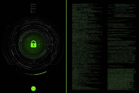 Digital Security Concept with Green Lock Icon on Circuit Background and Coding Screen for Cybersecurity and Data Protection Illustration