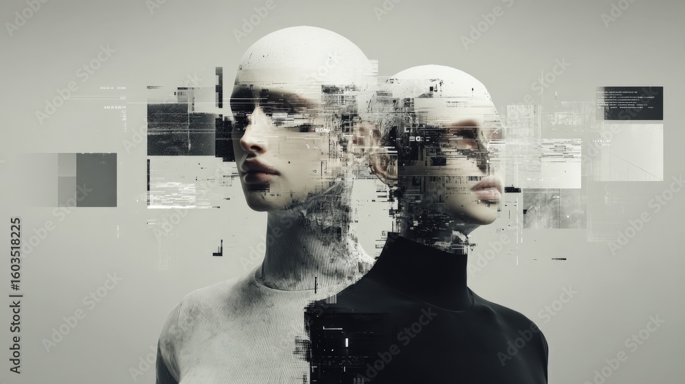 Poster futuristic digital art of two humanlike robots with glitch effects and abstract digital disruption i
