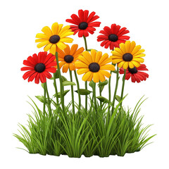 Colorful bouquet of daisies in vibrant shades of red, yellow, and orange, surrounded by lush green grass