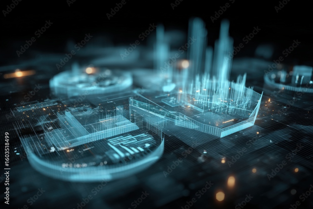 Poster futuristic digital hologram of a cityscape with glowing skyscrapers and technological data visualiza