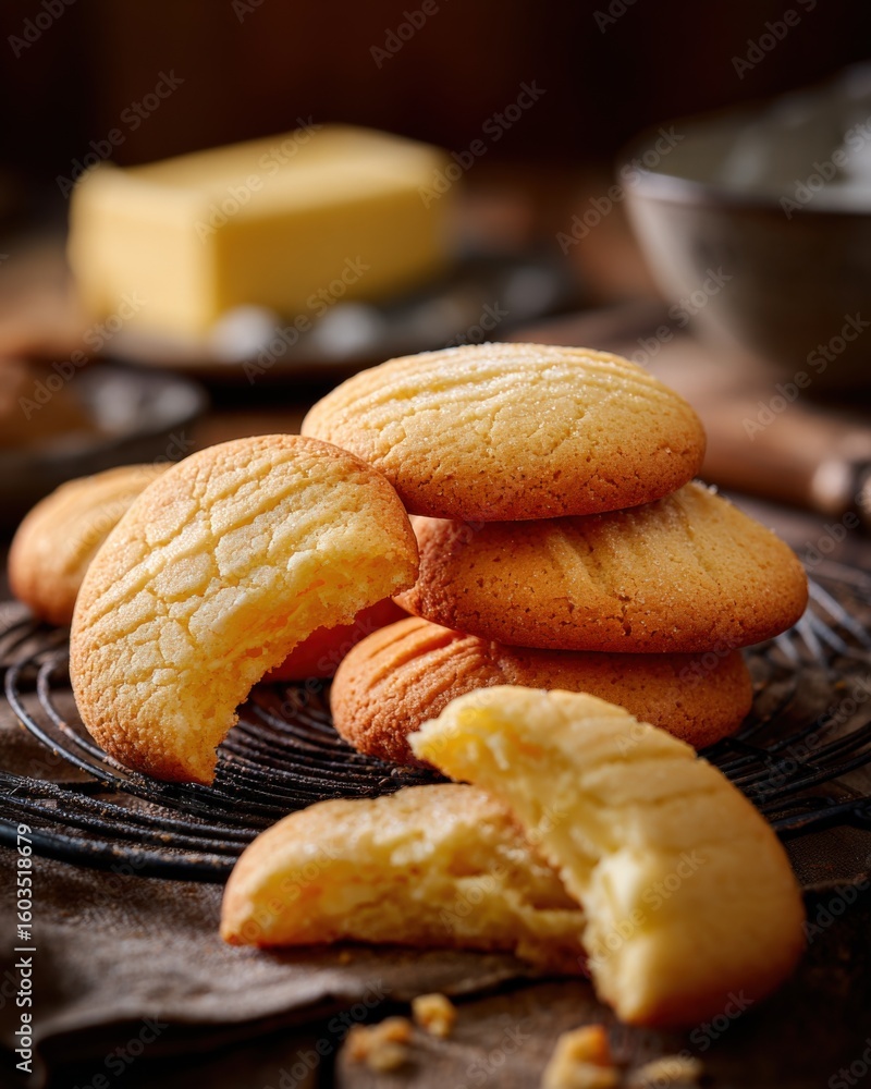 Poster assorted golden, crispy cookies with soft centers and textured surface on a wire rack with butter in