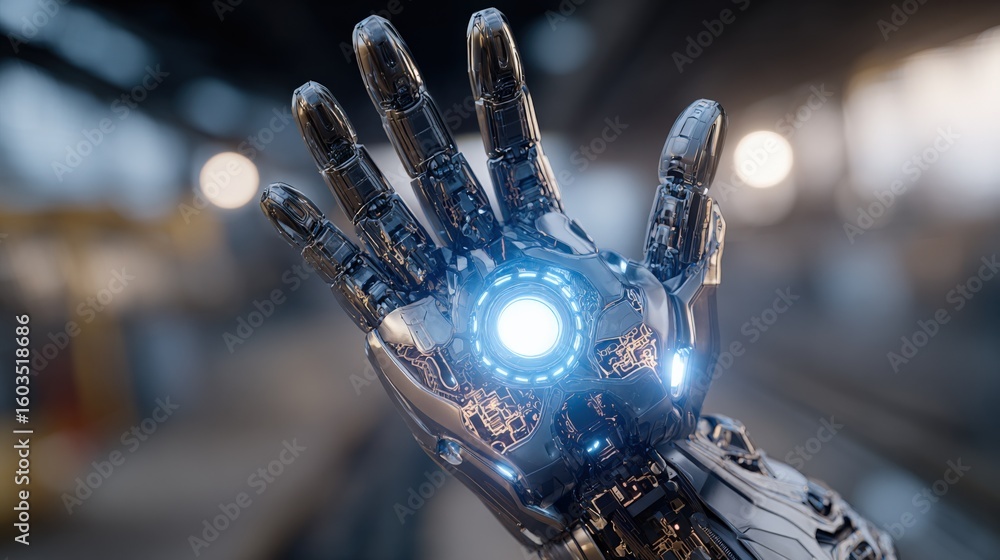 Aufkleber futuristic robotic hand with glowing circular interface and intricate electronic components extendin