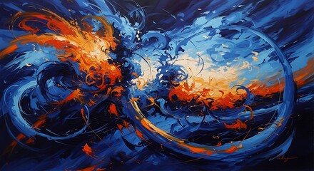 Abstract painting featuring dynamic interplay of blue and orange hues creating a sense of energy