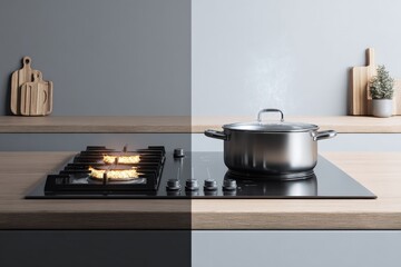 Modern kitchen stove with gas burners and cookware on a sleek minimalist countertop with wooden accents and decorative elements in bright light