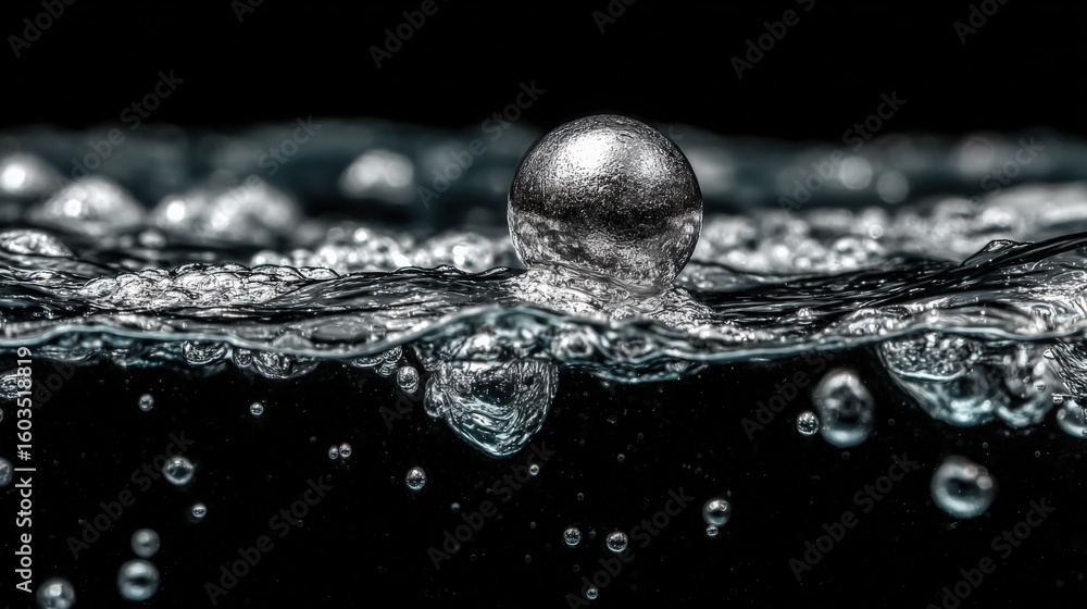 Poster close-up of a metallic sphere sinking into water creating ripples and splashes with a dark backgroun