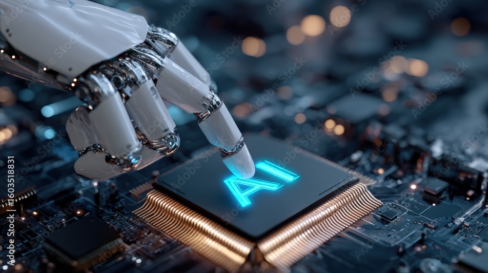 Aufkleber close-up of a futuristic robotic hand with metallic fingers touching a glowing ai chip on a circuit 