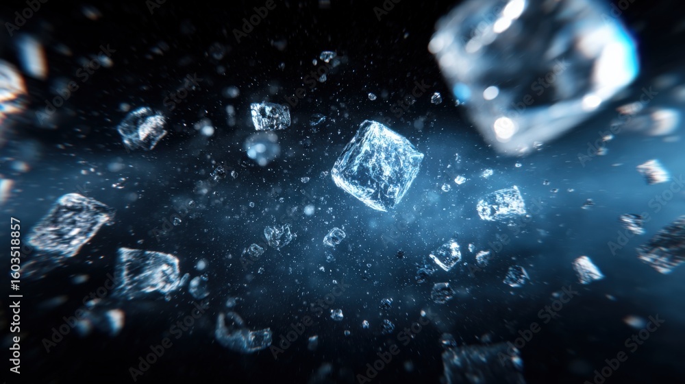 Poster dynamic close-up of falling ice cubes in motion with water splash effect and realistic 3d ice cube t