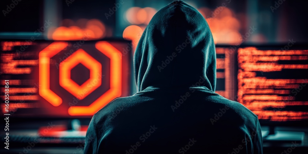 Fototapete mysterious hacker wea hoodie working on multiple computer screens with digital code and cybersecurit