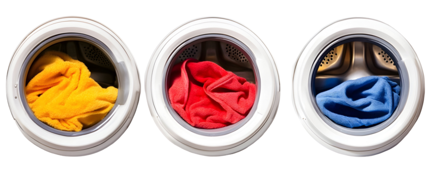 Close Up View Of Three Washing Machines Displaying Yellow Red And Blue Fabric Inside With Transparent Background - Powered by Adobe