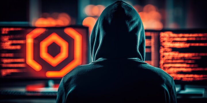 Mysterious hacker wea hoodie working on multiple computer screens with digital code and cybersecurity graphics in dark room