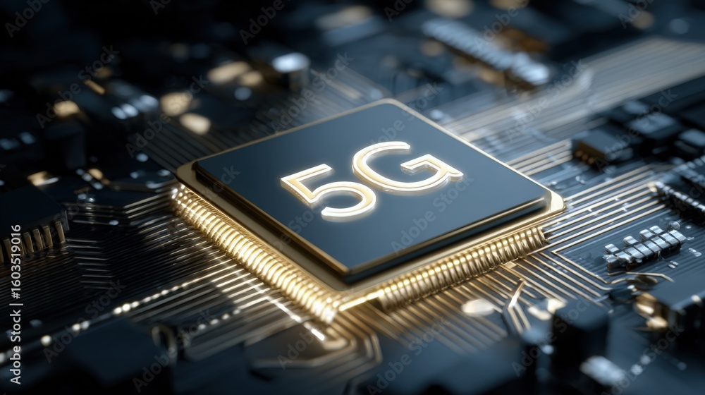 Poster high-tech 5g microchip on circuit board illustrating advanced wireless communication and next-genera