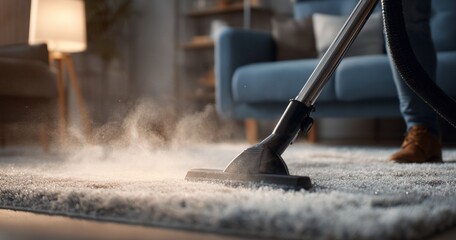 Person vacuuming a dusty carpet in a cozy living room with modern furniture and warm lighting for home cleaning and interior maintenance