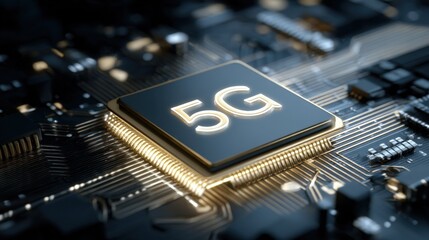 High-tech 5G microchip on circuit board illustrating advanced wireless communication and next-generation mobile technology infrastructure