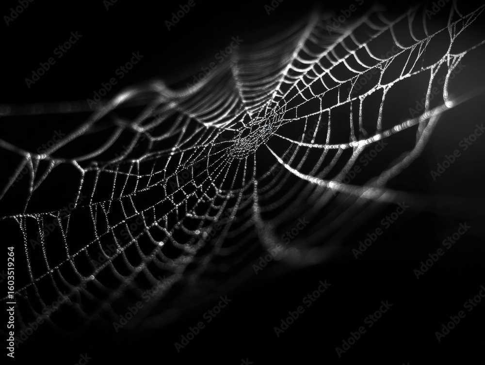 Poster close-up of a spider web with intricate silk strands and dew droplets on a dark background emphasizi