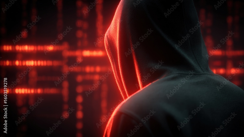 Poster man with hooded jacket standing in front of red digital data stream in a dark cybersecurity and hack