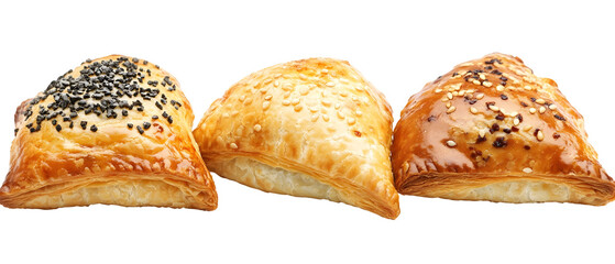 Three Baked Uzbek Pastries With Golden Crust And Sesame Seeds Isolated On Transparent Background