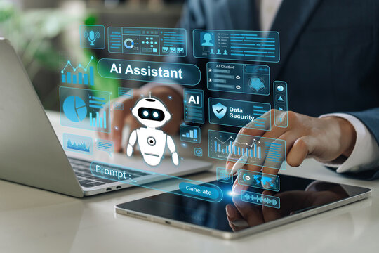 Businessmen use AI agent technology for enhanced work efficiency, data analysis, research, planning, AI assistants for graphic design, language translation, chatbots, generate images, manage content.