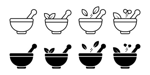 Herbal icon set. Simple line drawing illustration of a mortar and pestle with a pill falling into it and a leaf, perfect for use in healthcare or alternative medicine related designs.