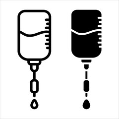 Infusion icon set. A simple line art illustration of an infusion bottle with a drip. Represents medical and healthcare concepts. Available in outline and solid fill variations.
