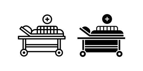 Medical bed icon set. featuring a simple hospital bed with plus sign as healthcare symbol in outline and solid style. Suitable for medical design, healthcare, or hospital.