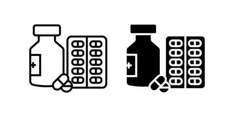 Medicine icon set. A simple, clear outline and solid filled icon showing a medication bottle and pills blister pack. Suitable for illustrating medical, health, and pharmaceutical related topics.