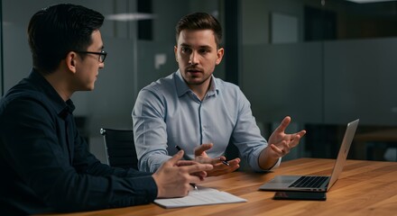 Young team leader discussing performance goals with junior employee in a private, softly lit tech office, seated at wooden table, shot with 85mm lens, sharp focus on body language and hands.
