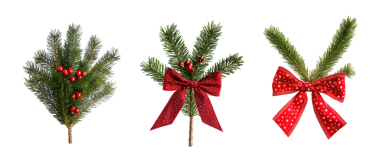 Festive Tree Branches Decorated with Red Bows and Berries on Transparent Background