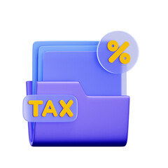 3D icon of a file folder with the word TAX and a percentage coin For tax records, financial documents, tax compliance, accounting paperwork.