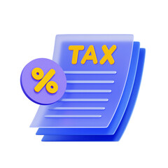 3D icon of a tax document with the word TAX and a percentage coin For tax filing, tax rate, VAT calculation, annual tax return.