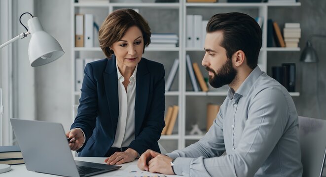 Middle-aged female manager giving feedback with a laptop open on the desk, male employee listening attentively, office with bookshelves, 35mm lens, clear focus on faces. - Powered by Adobe