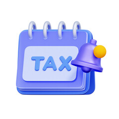 3D icon of a calendar with the word TAX and a notification bell For tax due date, payment reminder, tax season alert, financial deadline.