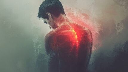 Man experiencing severe back pain, spine highlighted in red.