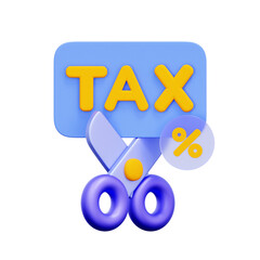 3D icon of a tax sign being cut by scissors with a percentage coin For tax cut, tax relief, reducing tax burden, lower tax rate.