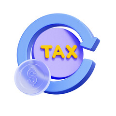 3D icon of a tax coin with a dollar coin and circular arrow For tax return filing, tax refund application, income tax reimbursement, financial cycle.