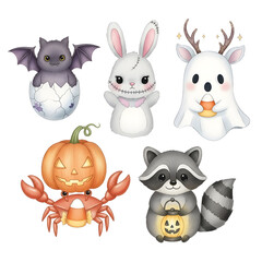 Naklejka premium Adorable Halloween characters bring spooky charm to your designs bat bunny ghost pumpkin raccoon festive