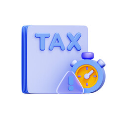 3D icon of a tax document with a timer, warning sign, and fire For tax deadline penalty, late filing warning, urgent tax payment, final notice.