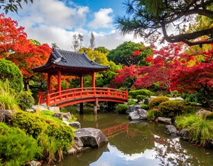 Autumnal Japanese garden with a red bridge and pavilion