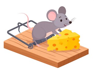 Cute cartoon mouse on a mousetrap with cheese