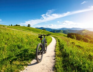 Obraz premium Biking on a sunny mountain trail surrounded by vibrant flowers and majestic peaks