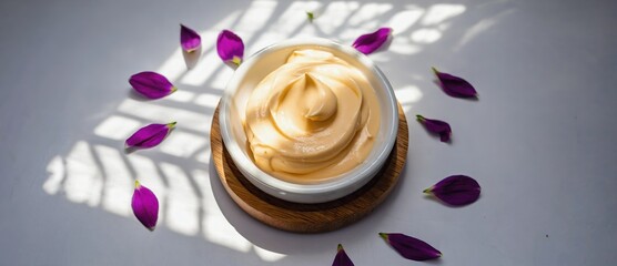 Generative AI. Creamy skincare product in a white bowl, surrounded by purple flower petals, with soft light casting shadows, highlighting the luxurious texture and inviting ambiance of beauty care