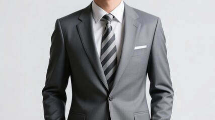 Man wearing a gray suit with a striped tie and white shirt