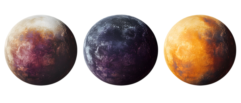 Three Spherical Planets Isolated Against A Transparent Black Background Displaying Varied Textures and Earth Tone Colors Including Purple Orange and White Highlights