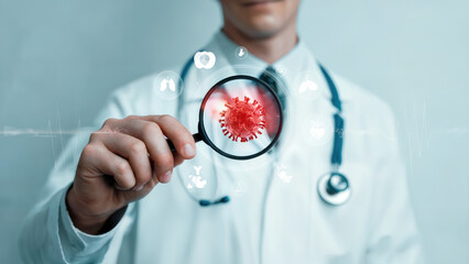 Doctor analyzes virus with magnifying glass, seeking solution to infectious disease