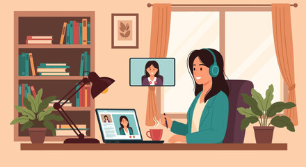 Illustration of a young woman in a video conference at home, remote work friendly atmosphere that